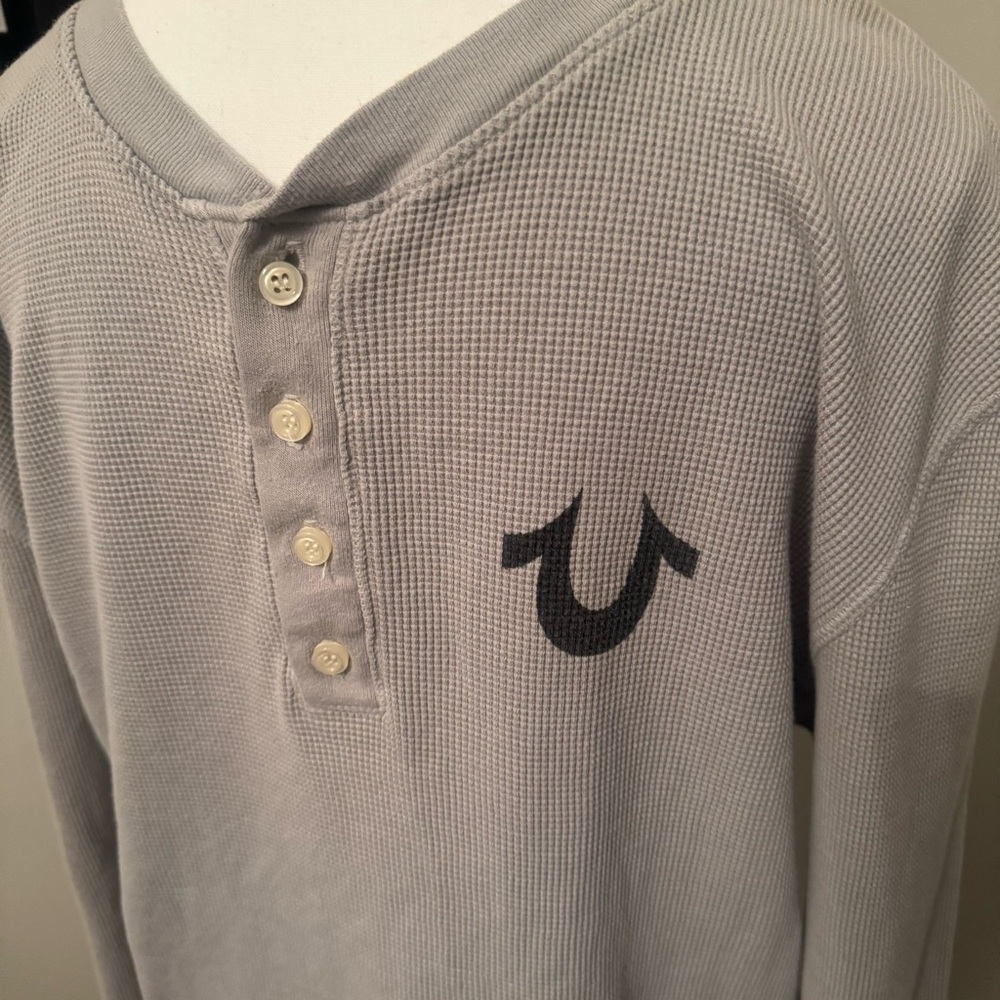 True Religion Brand‎ Jeans Gray Waffle Knit Henley Thermal Y2K USA L - Picture 3 of 11